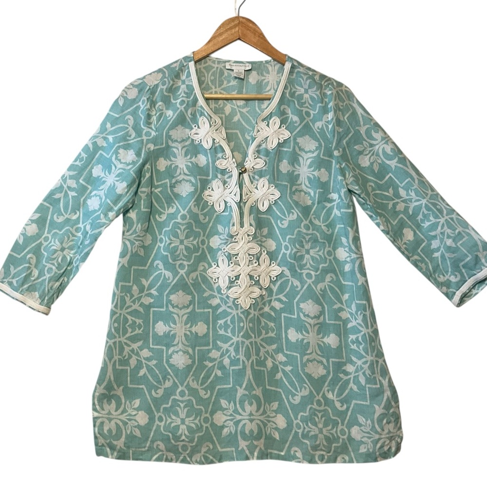 CHARTER CLUB sz Small Linen Tunic Blouse Fancy Trim Details Blue White